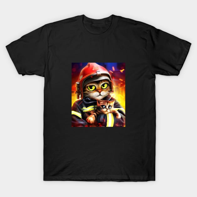 firefighter cat with little kitty T-Shirt by Marysha_art